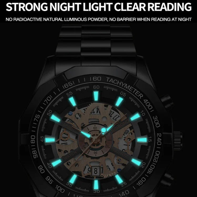 BINBOND S033 Hollowed Mechanical 30m Waterproof Luminous Quartz Watch, Black Steel-Black-Gold, Black Steel-Black-Rose Gold, Full Gold-Black-Gold, Blue Steel-Blue