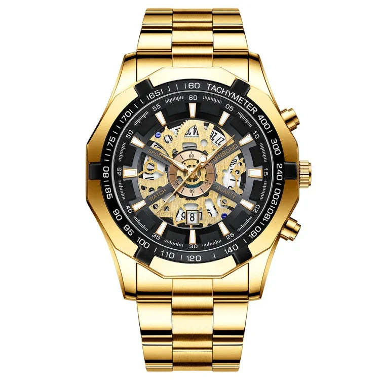 BINBOND S033 Hollowed Mechanical 30m Waterproof Luminous Quartz Watch, Black Steel-Black-Gold, Black Steel-Black-Rose Gold, Full Gold-Black-Gold, Blue Steel-Blue