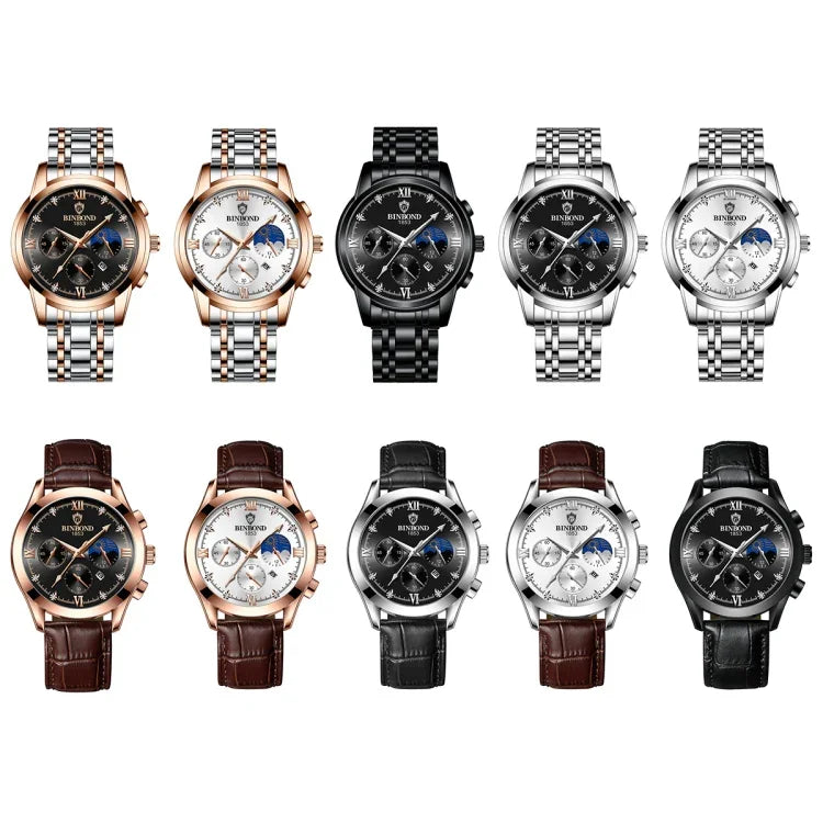 BINBOND B3591 30m Waterproof Luminous Calendar Men Watch, Black Steel-Black, Black Leather-White-Black, Brown Leather-White-White