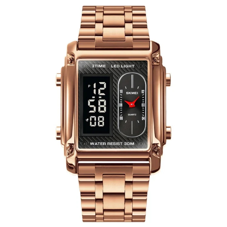 SKMEI 1868 Square Double Display Waterproof Men Watch, Style:, Steel Belt (Black), Leather Belt (Black), Steel Belt (Rose Gold), Leather Belt (Rose Gold), Steel Belt (Gold), Leather Belt (Gold), Steel Belt (Silver), Leather Belt (Silver)