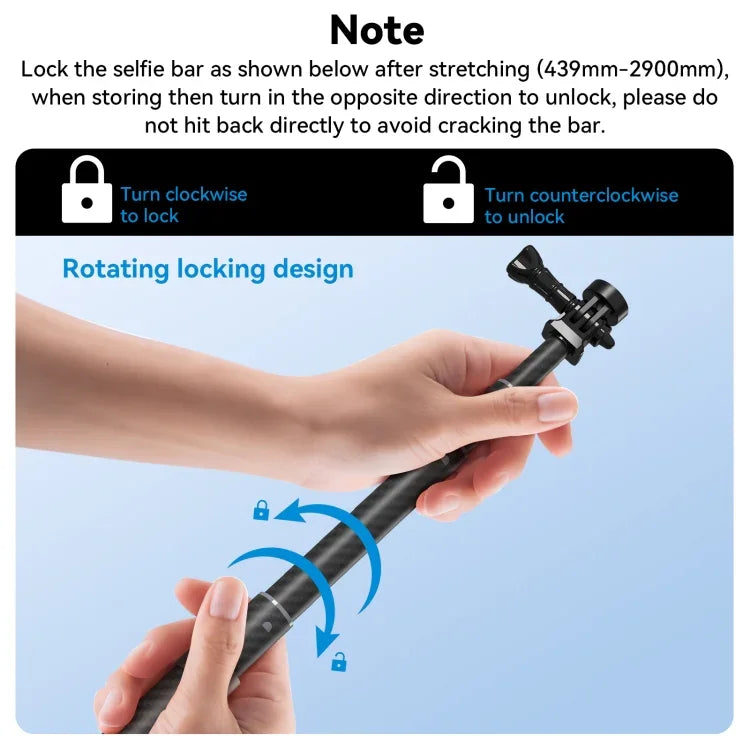 TELESIN 3M Carbon Fiber Selfie Stick Monopod  With 1/4 Screw For Action Camera, 3m