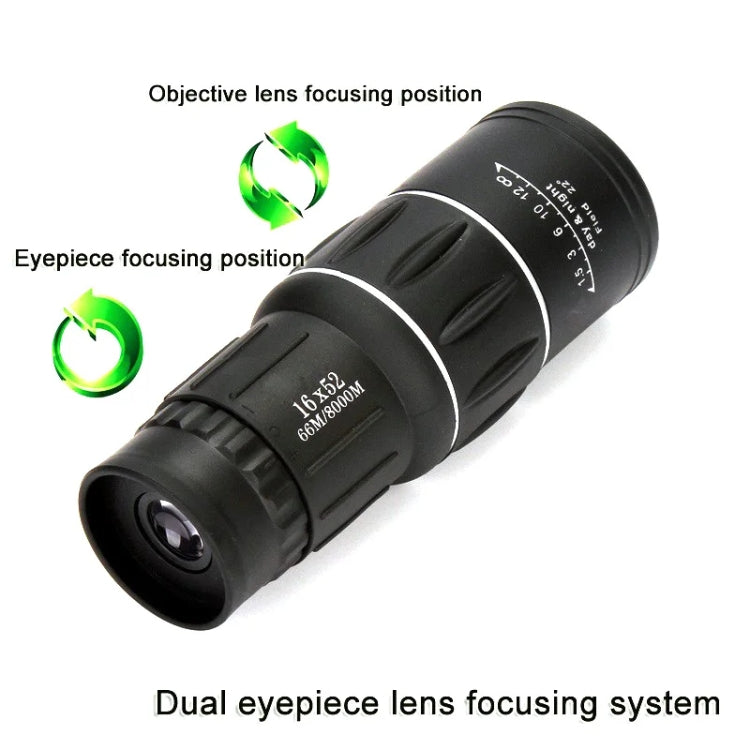 16x52 High Definition Outdoor Bird Viewing Monocular Telescope, 16x52 Prism, 16x52 Green Film, 16x52 without Bag, 16x52 with Clip+Tripod