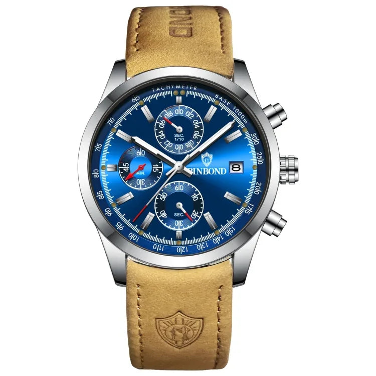 BINBOND B6022 30m Waterproof Luminous Multifunctional Quartz Watch, Leather-White Steel-Blue, Leather-White Steel-White, White Steel-White, Black Steel-Black, Black Steel-Blue