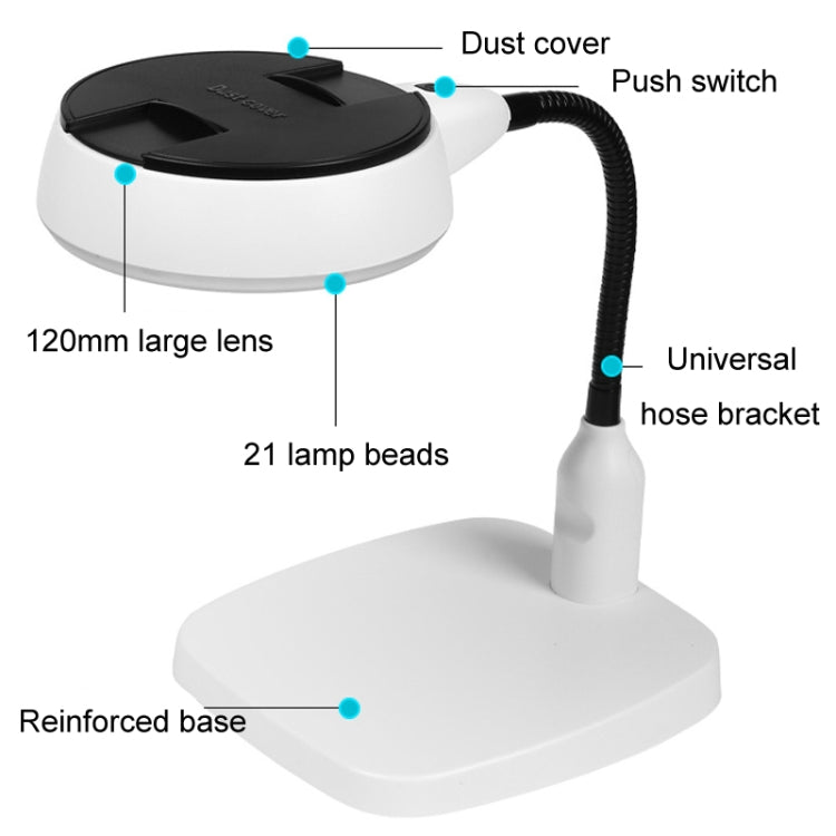 Desktop With 21 LED Lights 10X HD Reading Repair Metal Hose Magnifier, EU Plug, US Plug