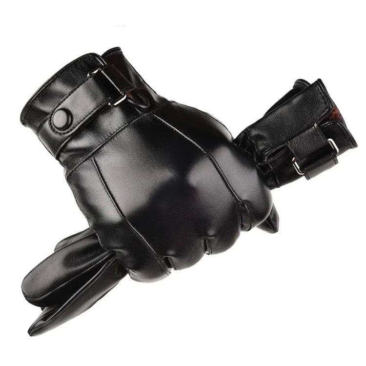 Fall Winter Men Leather Gloves PU Velvet Warm Riding Driving Touchscreen Gloves, Average