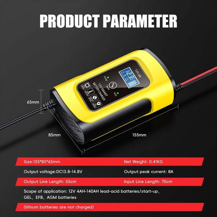 FOXSUR 12V8A SUV Car Motorcycle Intelligent Repair Type Lead-acid Battery Charger, EU Plug, US Plug, UK Plug