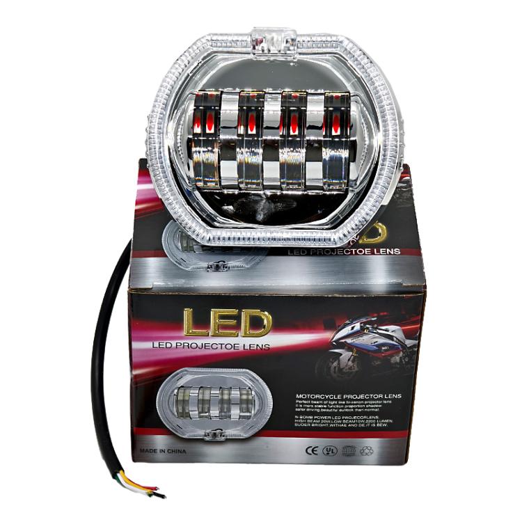 Motorcycle Electric Vehicle General Modification LED Headlight 4 Beads Double Lens Lamps, Blue Aperture+Red Devil Eye, Ice Blue Aperture+Red Devil Eye, Green Aperture+Red Devil Eye, Yellow Aperture+Red Devil Eye, White Aperture+Blue Devil Eye          ...