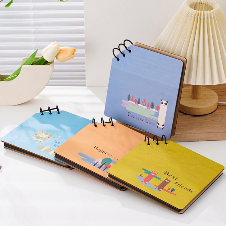 DIY Wooden Square Memorial Album Kids Growth Photo Album Cartoon Photo Book, Best Friends, Happiness, Just For You, Forever Love