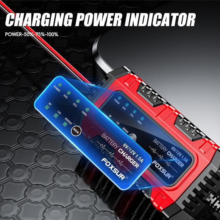 FOXSUR Smart 6V/12V 1.5A Battery Charger 4AH-30AH Lead Acid Battery Maintainer For Motorcycle/Car/ATV, EU Plug, US Plug, UK Plug