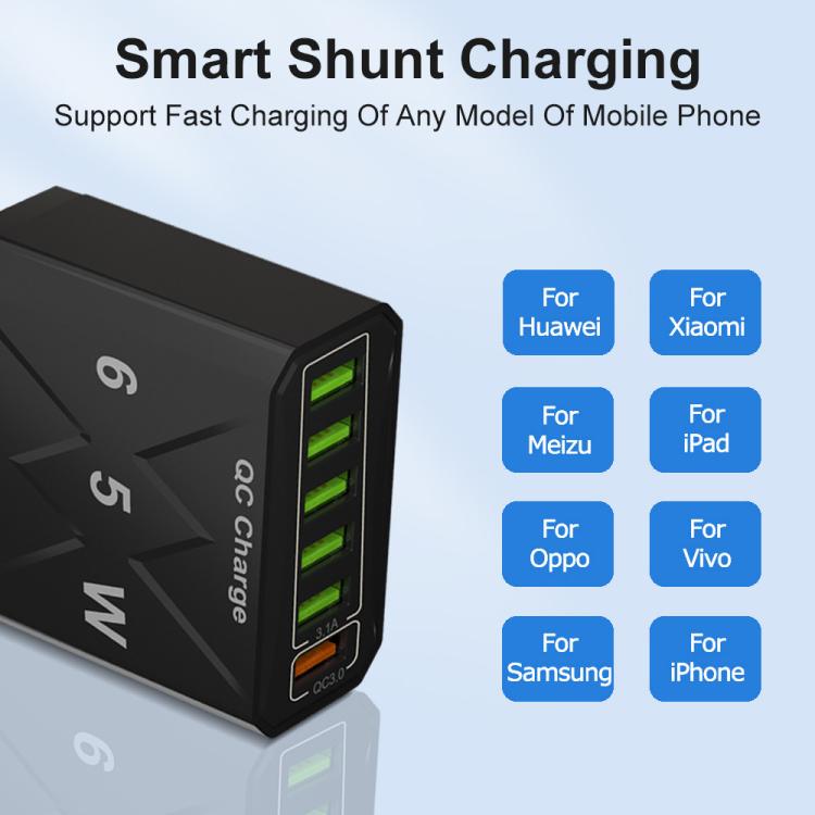 65W 6USB Ports QC3.0 Fast Charging Cell Phone Charger, EU Plug (Black), EU Plug (White), US Plug (Black), US Plug (White), UK Plug (Black), UK Plug (White)