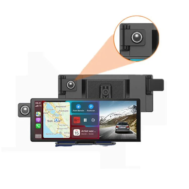 Voice-Controlled CarPlay With Split-Screen Dual-Camera Dashcam, Front Camera + Interior View, With Rear View Camera