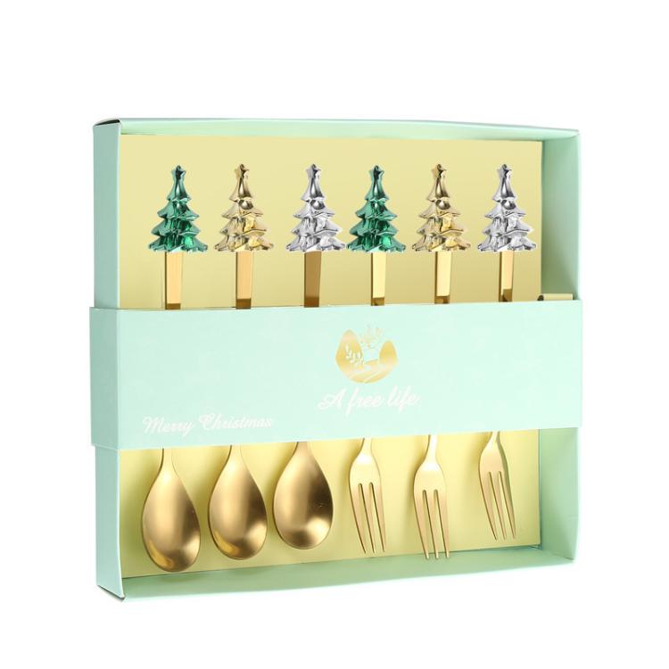 6-Piece Christmas Tree Utensil Set Stainless Steel Coffee Spoons, Dessert Forks with Gift Box