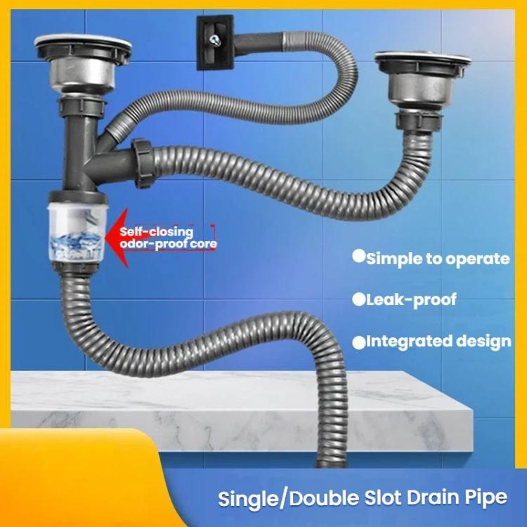 Kitchen Stainless Steel Washbasin Downpipe Fittings Anti-Odor Downpipe Drain Set, Double Slot 0.6m Tailpipe, Double Slot S-bend, Double Slot 1m Tailpipe