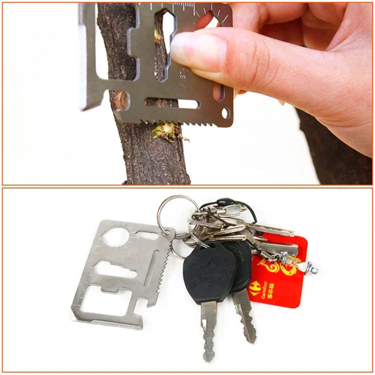 100 PCS 11 in 1 Outdoor Portable Multi-function Stainless Steel Hollow Tool Card Cutter with Leather Case, Size: 6.9 x 4.5cm, 10 PCS