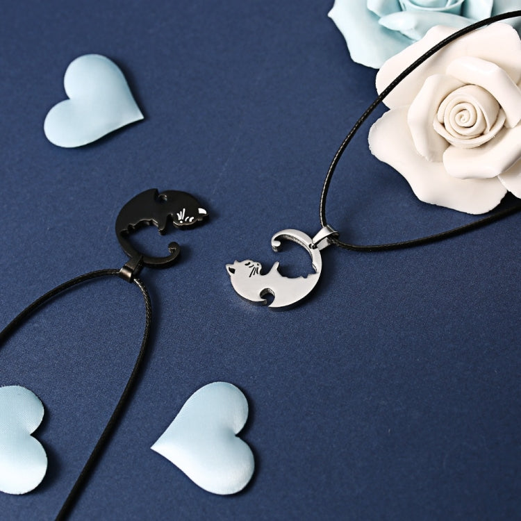 Couples Jewelry Necklaces Titanium Steel Animal Cat Pendants Necklace, White and Black Cat with Metal Chain, White and Black Cat with Leather Cord