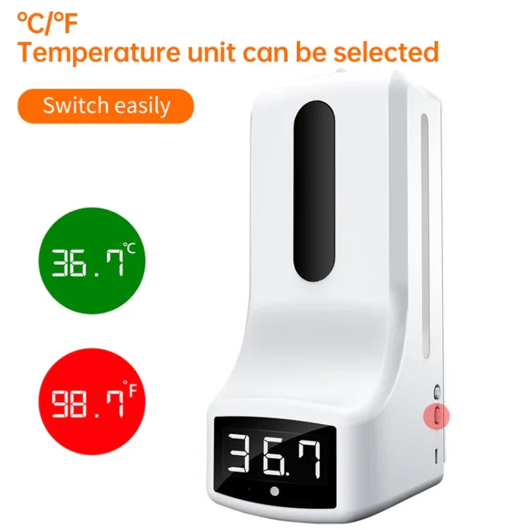 K9 Pro Handsfree Non-contact Body Light-sensitive Distance Sensor Thermometer + 1000ml Automatic Non-contact Liquid Soap Dispenser with Base Mount, K9 Pro