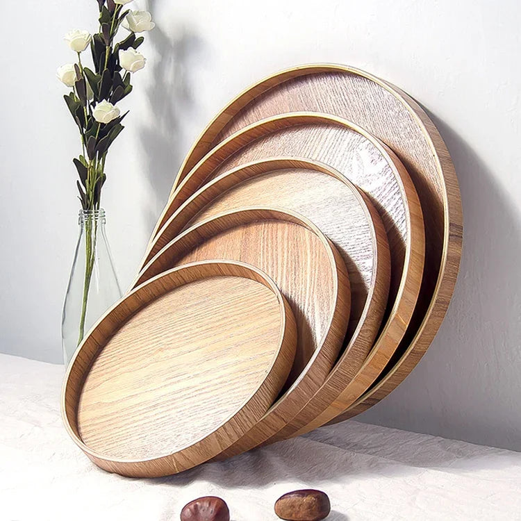 Creative Round Solid Wood Tea Tray Hotel Wooden Tay Storage Tray, Diameter: 33cm, Wood Color, Diameter: 33cm