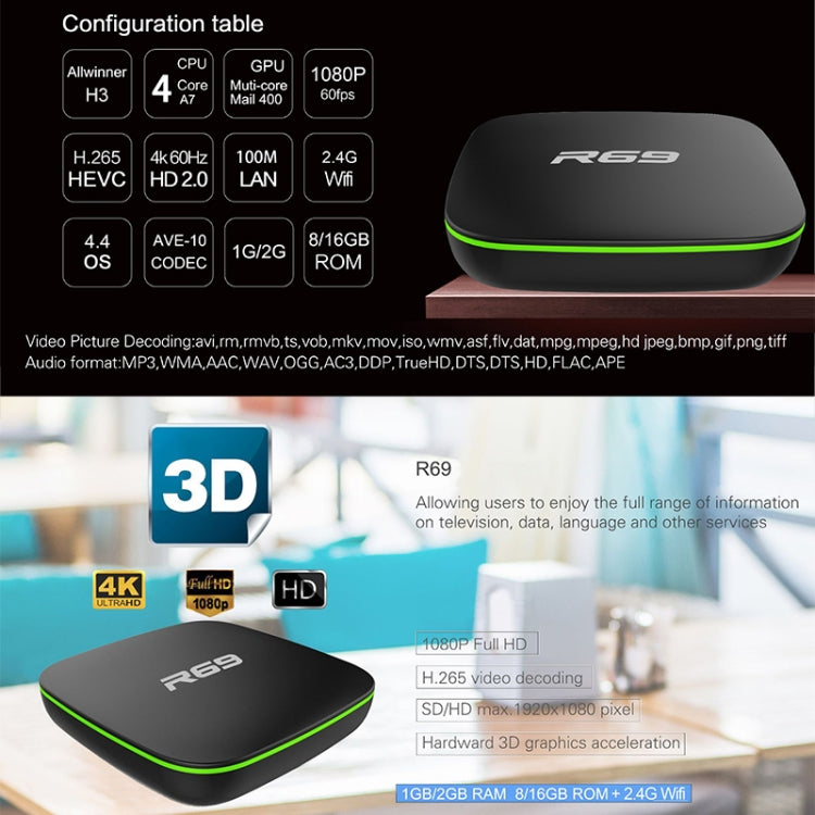 R69 1080P HD Smart TV BOX Android 4.4 Media Player with Remote Control, Quad Core Allwinner H3, RAM: 1GB, ROM: 8GB, 2.4G WiFi, LAN, EU Plug, 1GB+8GB