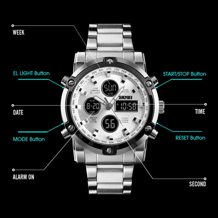 SKMEI 1389 Multifunctional Men Business Digital Watch 30m Waterproof Large Dial Wrist Watch with Stainless Steel Watchband , 1389 Silver, 1389 Black, 1389 Blue