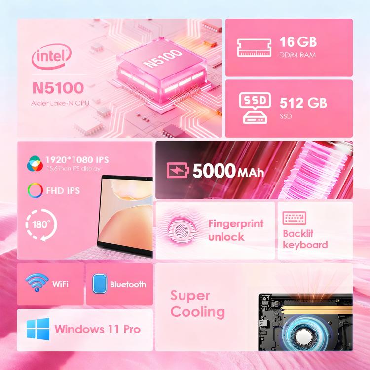 GXMO T152J 15.6 inch Laptop, 16GB+512GB, Windows 11 Pro Intel Celeron N5100 Quad Core, Support Fingerprint Unlock, AU Plug, 16GB+512GB, AU Plug