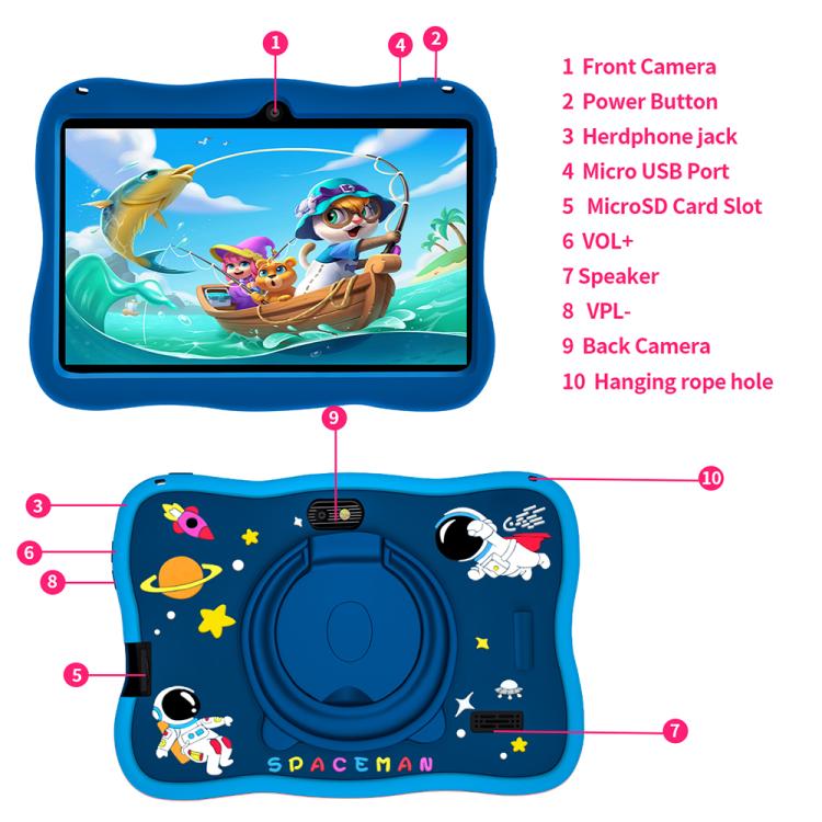 BDF 7 inch WiFi Kids Tablet PC with Spaceman Silicone Case, 2GB+32GB, Android 8.1 MTK6735 Quad Core CPU, US Plug, 4GB+64GB