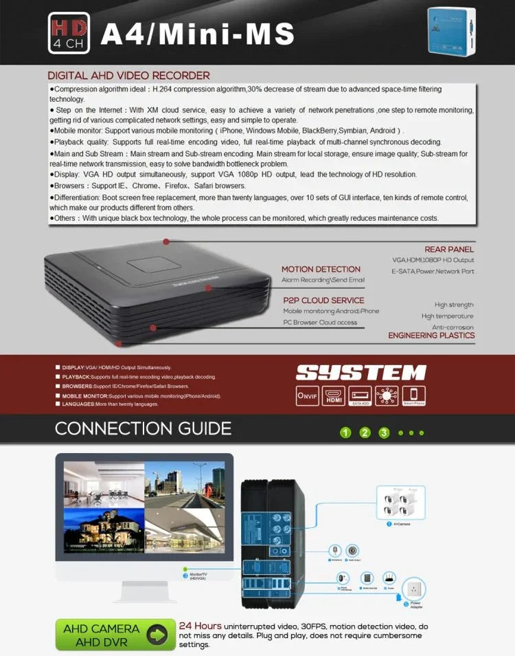 A4/Mini - MS 5 in 1 4 - Channel Dual Stream H.264 1080N Mini AHD DVR, Support AHD / TVI / CVI / CVBS / IP Signal - Trustpick