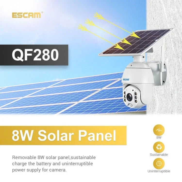 ESCAM QF280 HD 1080P IP66 Waterproof WiFi Solar Panel PT IP Camera without Battery, Support Night Vision / Motion Detection / TF Card / Two Way Audio - Trustpick
