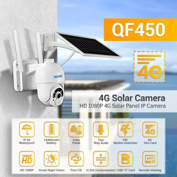 ESCAM QF450 HD 1080P 4G US Version Solar Powered IP Camera with 64G Memory, Support Two - way Audio & PIR Motion Detection & Night Vision & TF Card - Trustpick