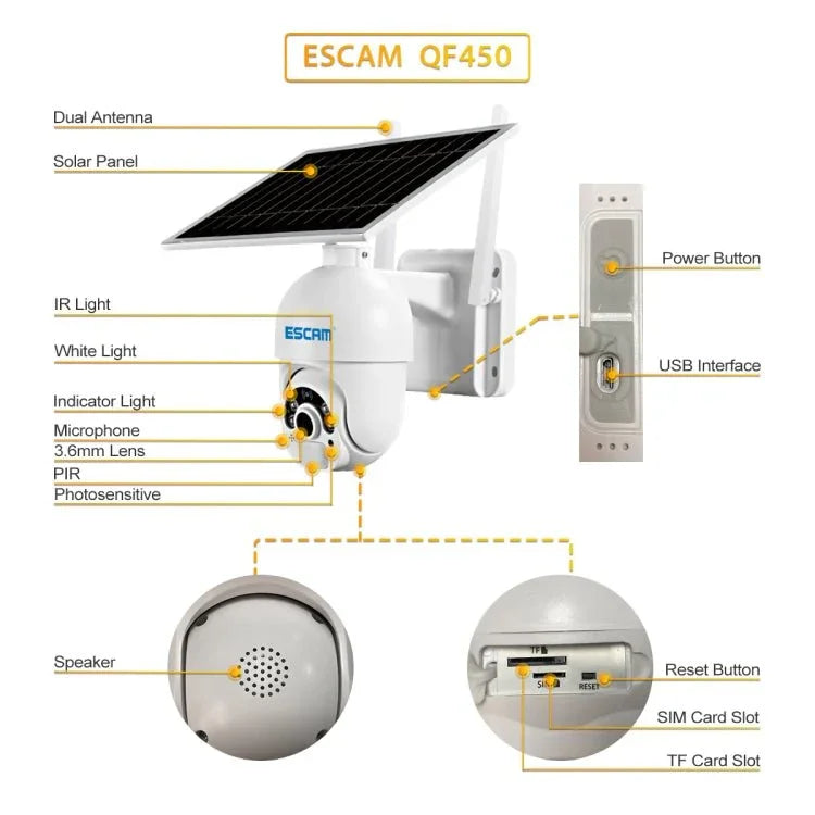 ESCAM QF450 HD 1080P 4G US Version Solar Powered IP Camera with 64G Memory, Support Two - way Audio & PIR Motion Detection & Night Vision & TF Card - Trustpick