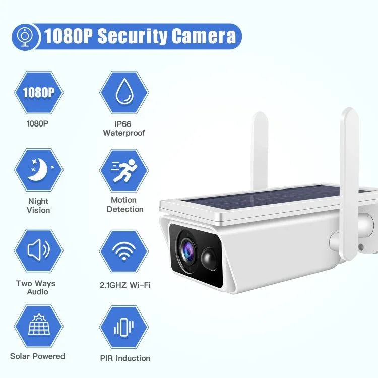 T13 - 2 1080P HD Solar Powered 2.4GHz WiFi Security Camera with Battery, Support Motion Detection, Night Vision, Two Way Audio, TF Card - Trustpick