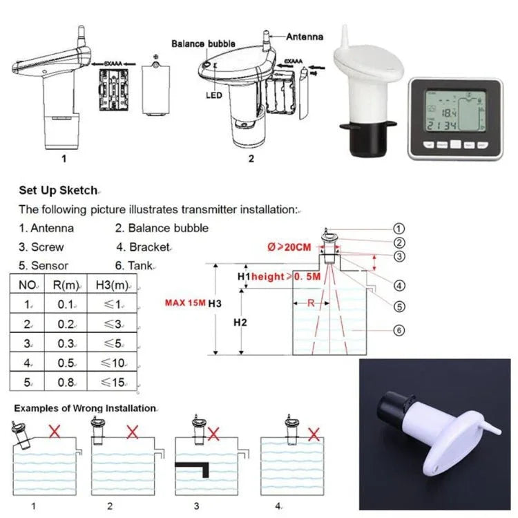 TS - FT002 Multifunctional Ultrasonic Electronic Water Tank Level Gauge With Indoor Temperature Thermometer Clock Display Water Level Gauge - Trustpick